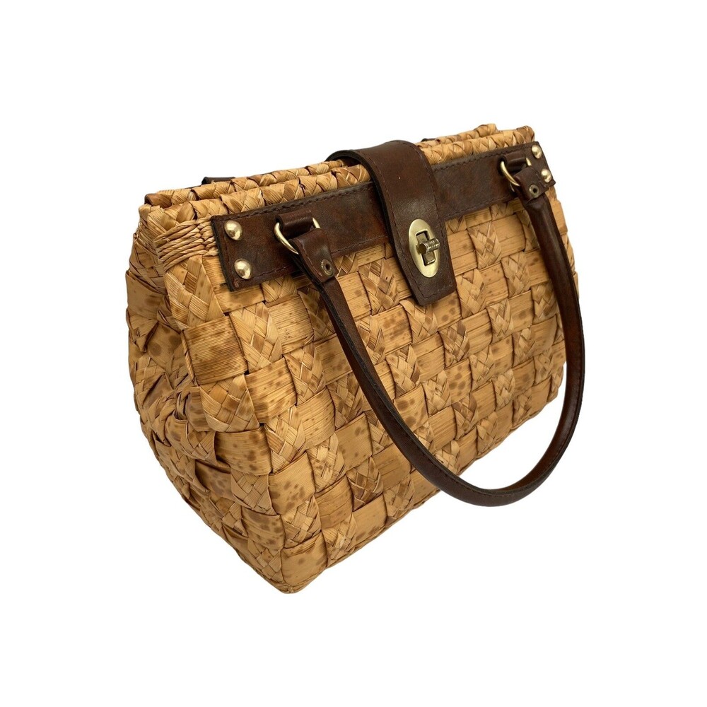 Vintage MR. ERNEST Woven Wicker Handbag Brown Leather Top Handle Bag Purse